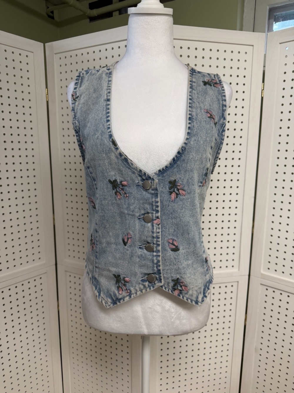 Stoosh Vintage Denim Cropped Pink Floral Light Wash Vest Womens Medium Country
